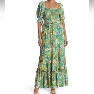 Betsey Johnson Maxi Dress Size Small Tropical Floral Smocked Bodice Green